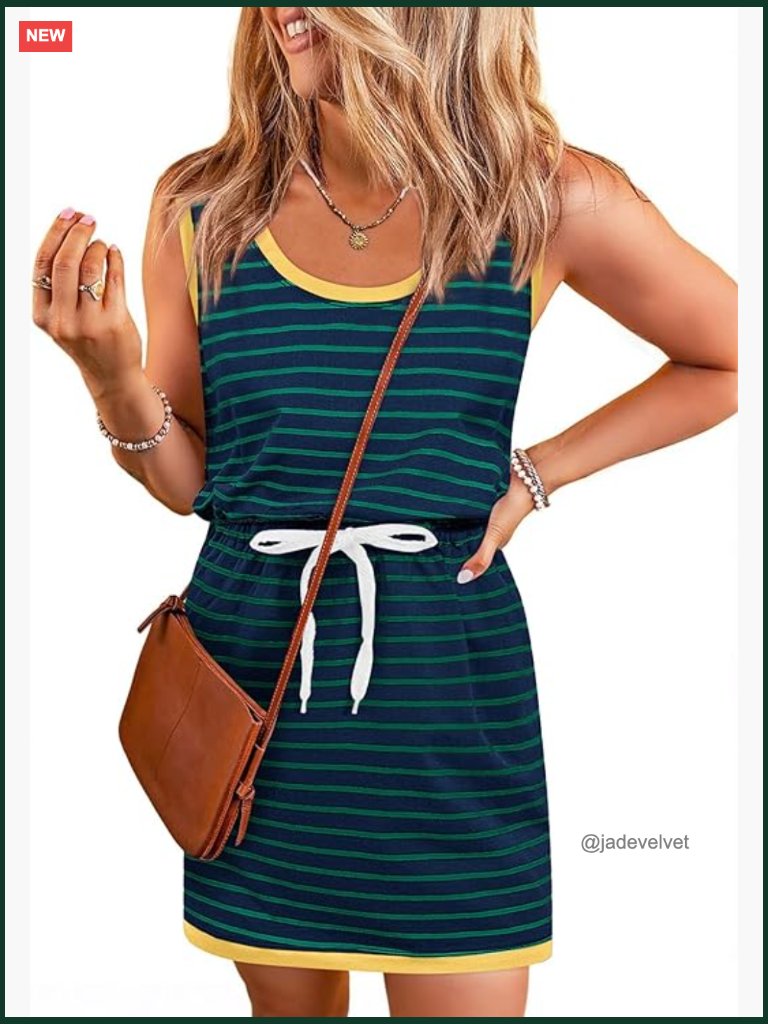 Sleeveless Striped Drawstring Waist Tank Mini Dress With Pockets